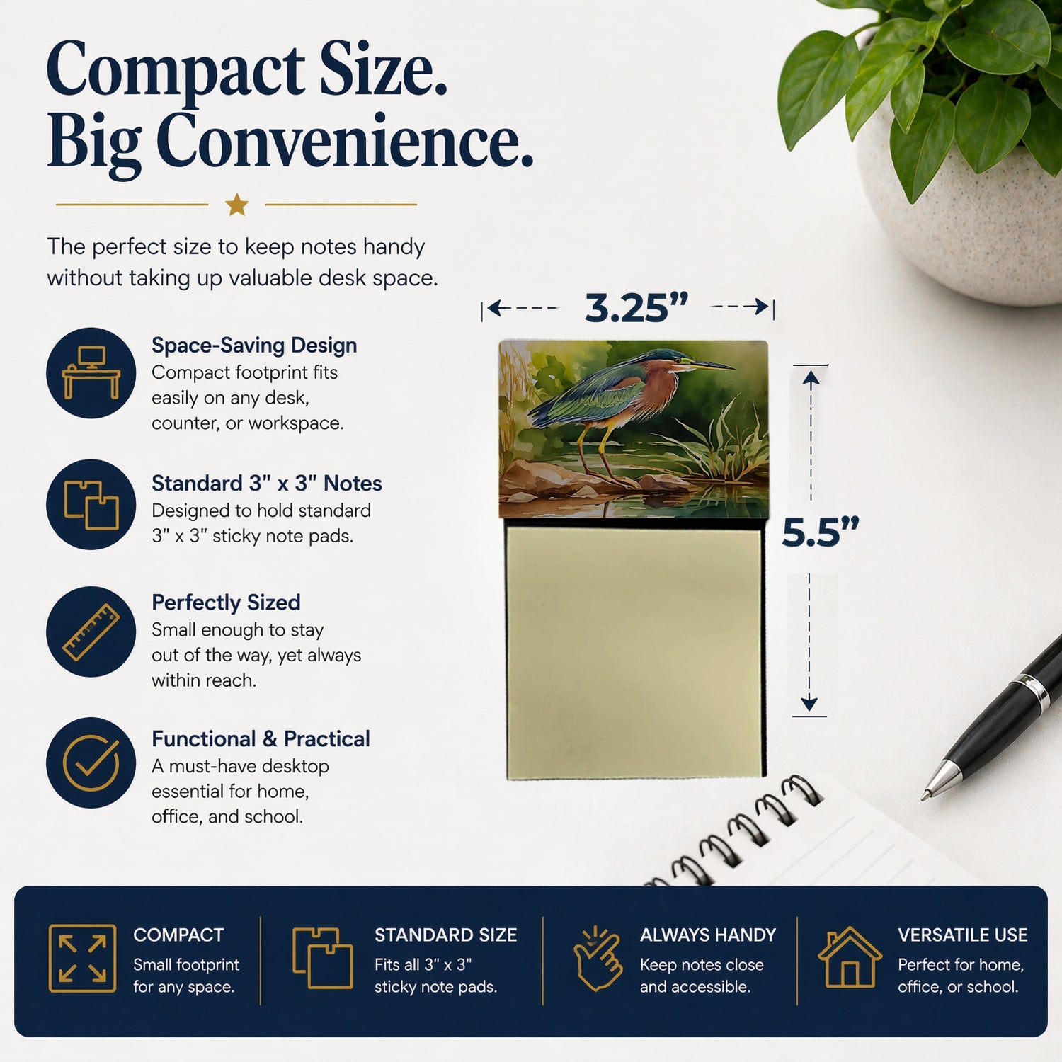 Green Heron Standing Shoreline Watercolor Sticky Note Holder Refillable Dispenser Desk Accessory 3x3 Pad Gift