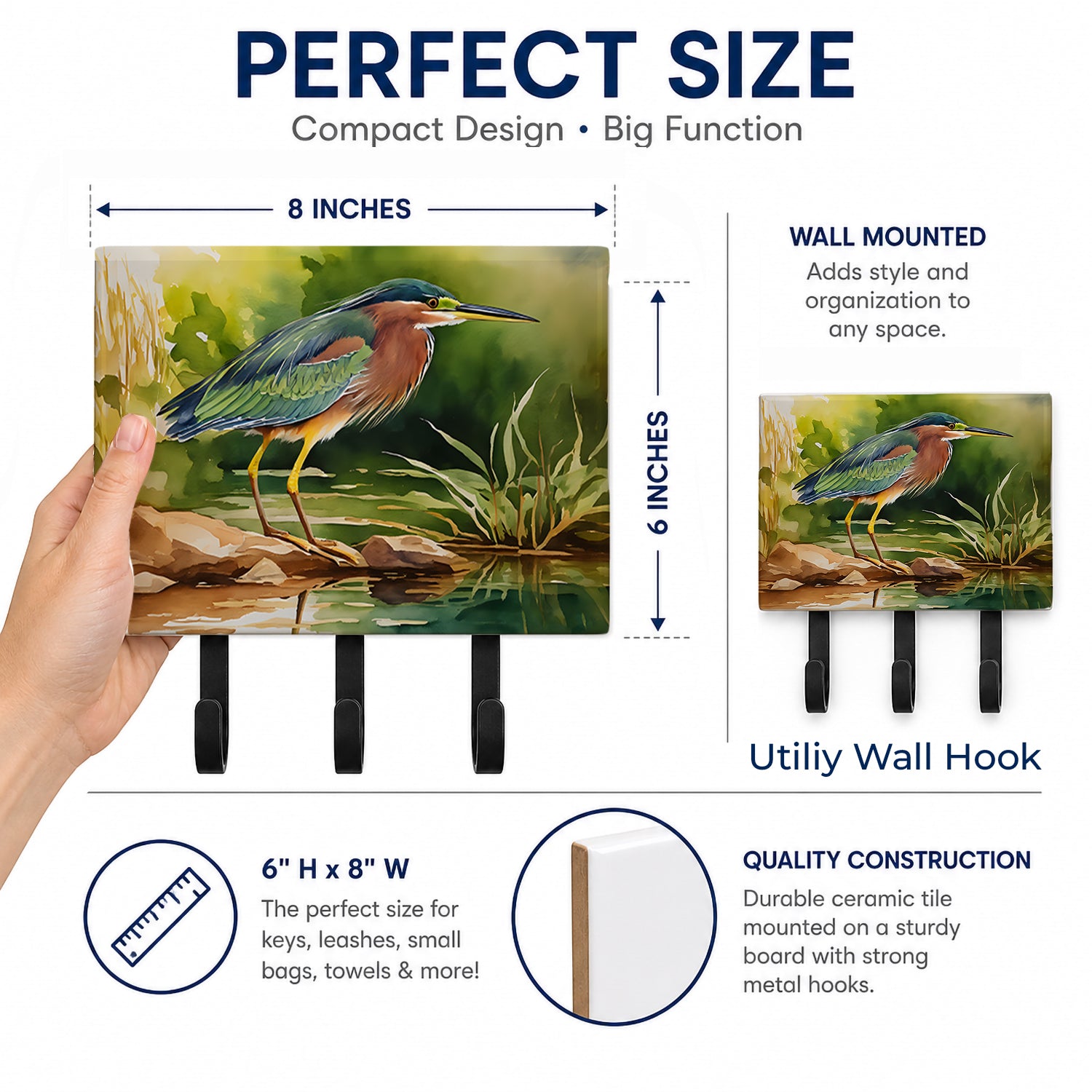Green Heron Standing Shoreline Leash or Key Holder Wall Hooks, Coat Rack Wall Mount, for Hanging Keys, Towels, Aprons, Leashes