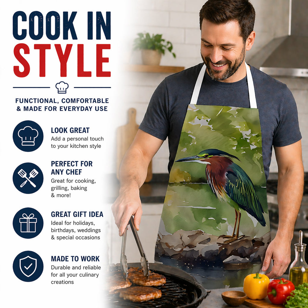 Green Heron by Water Edge Apron Cooking Kitchen Server Baking Crafts Gardening for Adult Women Men, Unisex, Large, Multicolor