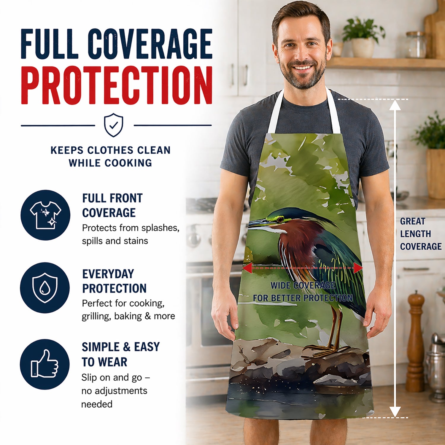 Green Heron by Water Edge Apron Cooking Kitchen Server Baking Crafts Gardening for Adult Women Men, Unisex, Large, Multicolor