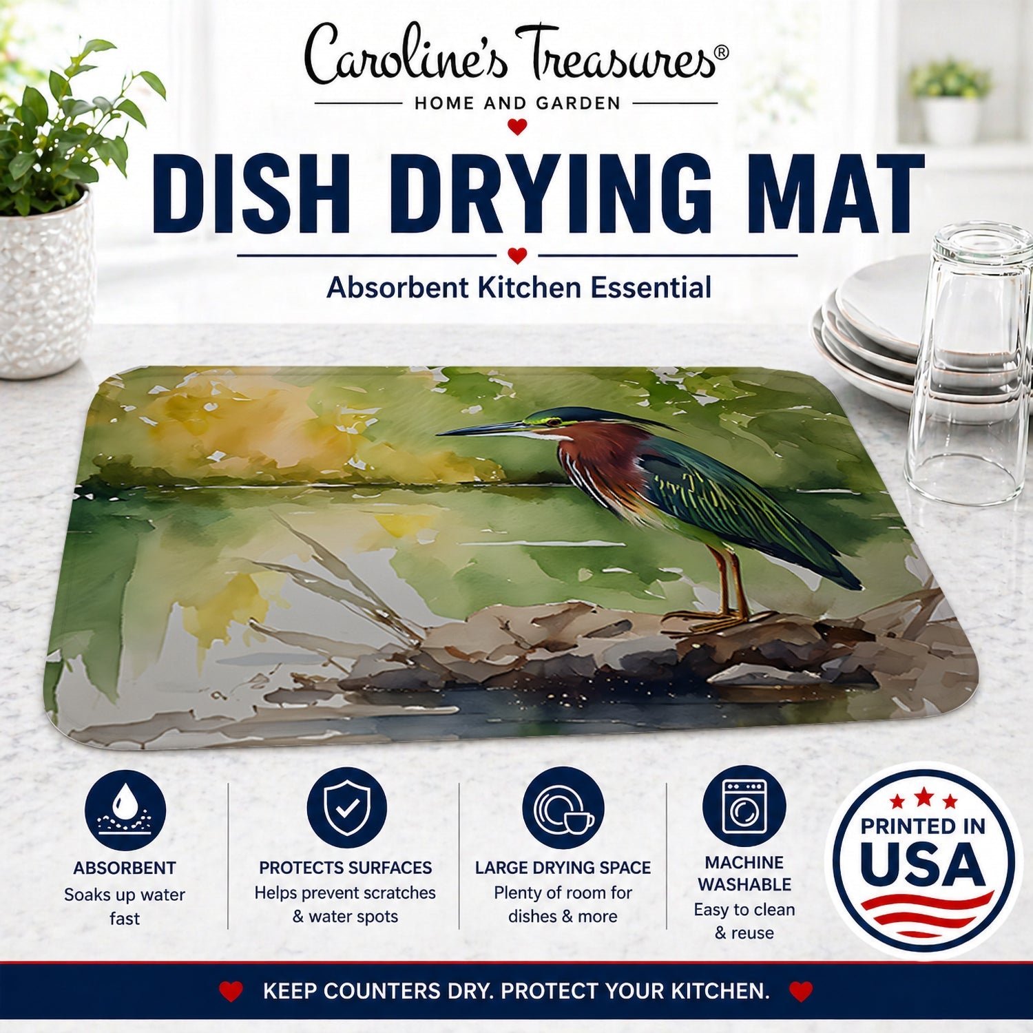 Green Heron by Water Edge Dish Drying Mat Absorbent Dish Drying Mat Pad for Kitchen Counter Dish Drainer Mat for Countertop, 14 x 21", Multicolor
