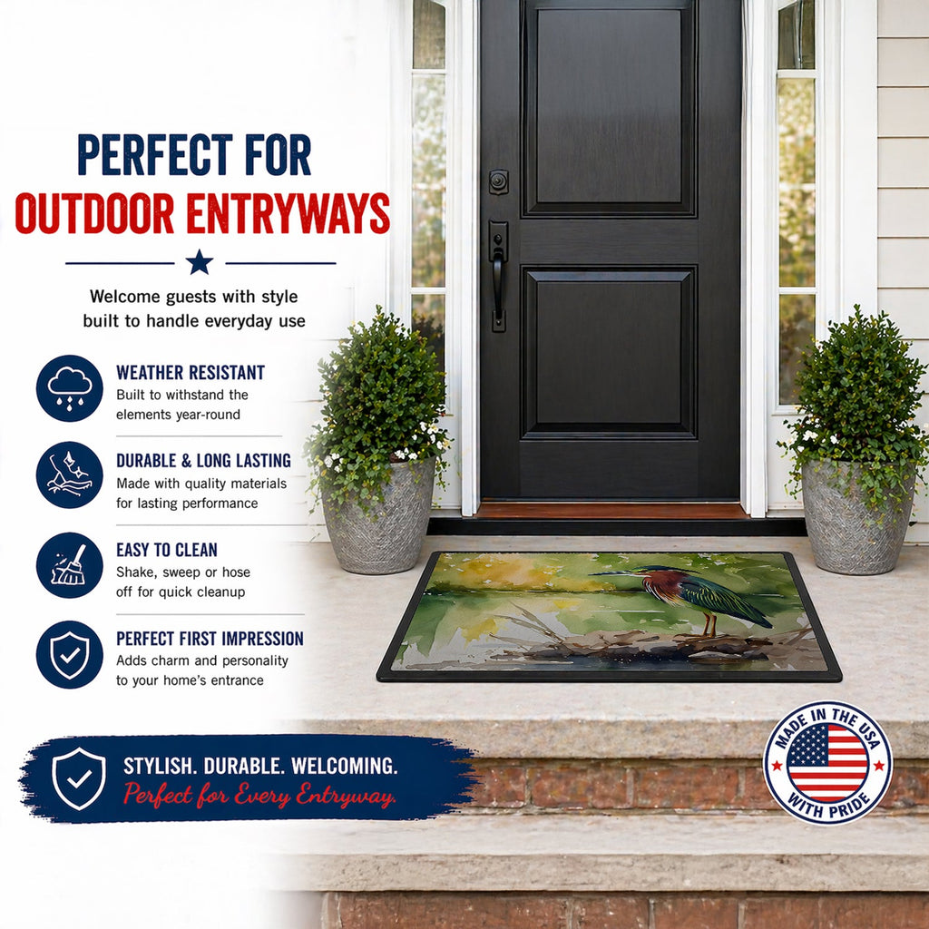 Green Heron by Water Edge Doormat Indoor Outdoor 24H X 36W Front Door Mat Rugs for Entryway, Non Slip Washable Low Pile,