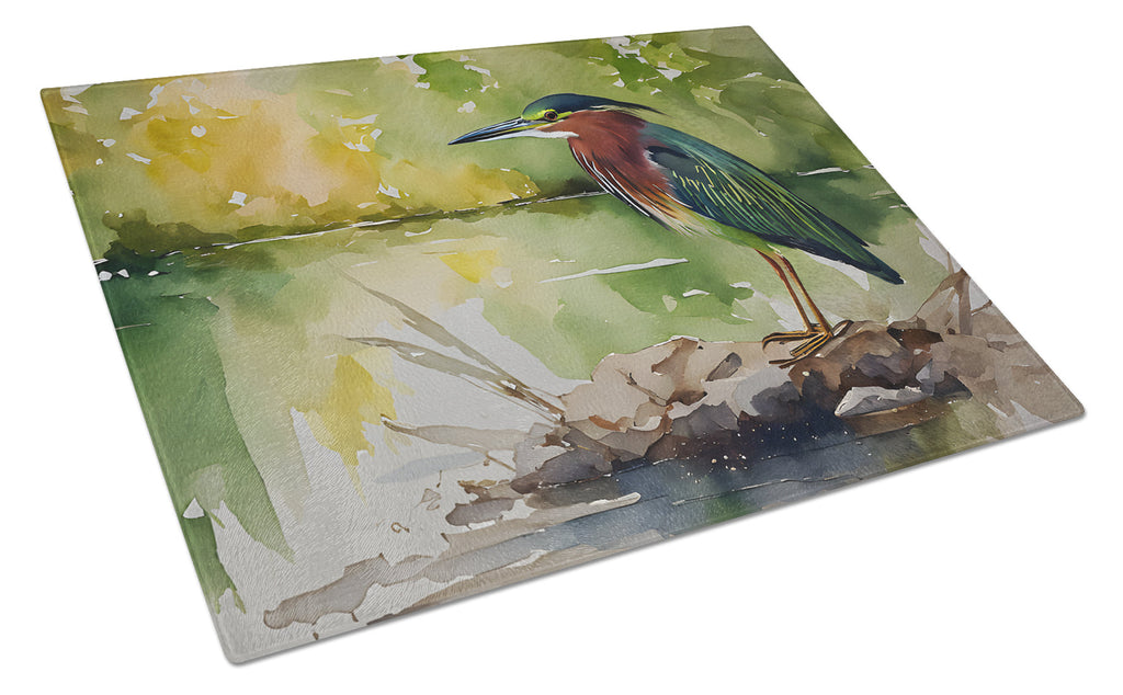 Green Heron by Water Edge Cutting Board Tempered Glass Kitchen Cutting Surface, Heat Resistant Chopping, Non-Slip Feet, Food Prep & Serving