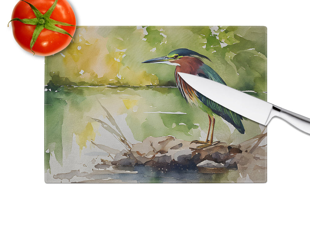 Green Heron by Water Edge Cutting Board Tempered Glass Kitchen Cutting Surface, Heat Resistant Chopping, Non-Slip Feet, Food Prep & Serving
