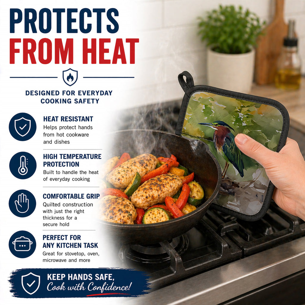 Green Heron by Water Edge Pot Holder Set of 2 Heat Resistant Quilted Hot Pads 7.5 x 7.5 Inch, Insulated Kitchen Trivets for Cooking & Baking