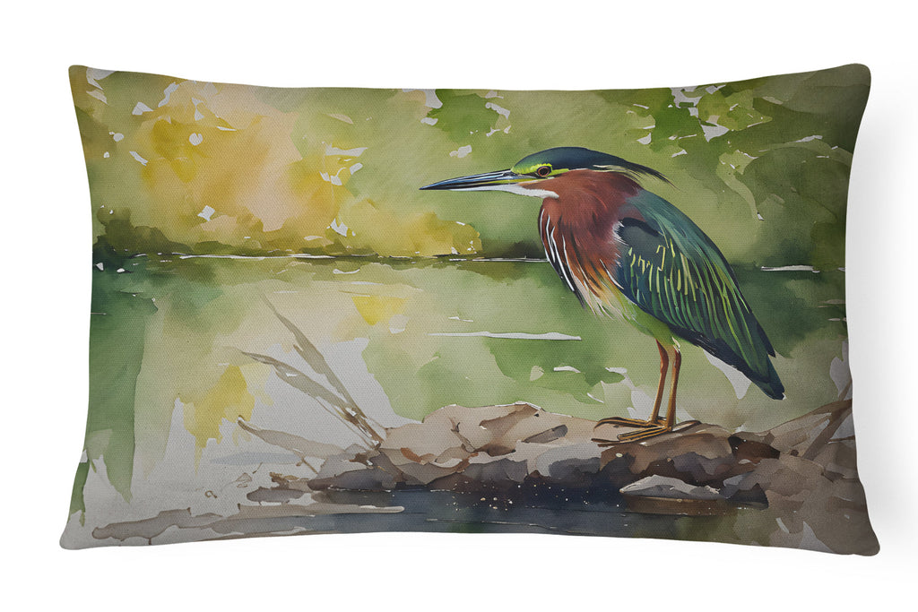 Green Heron by Water Edge Decorative Throw Pillow 12x16 Indoor Outdoor Accent Cushion, Fabric Cover with Insert for Sofa, Bed, Porch & Living Room