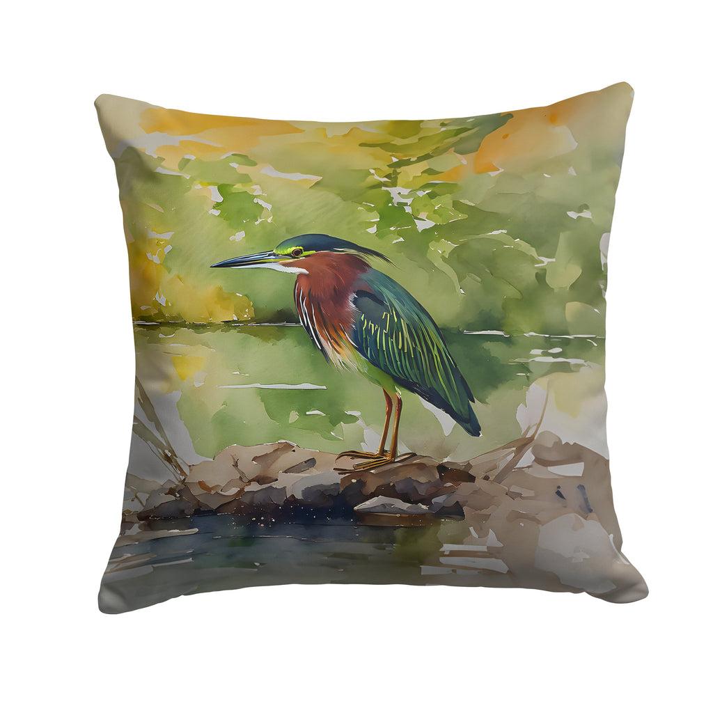 Green Heron by Water Edge Decorative Throw Pillow 14x14 Indoor Outdoor Accent Cushion, Fabric Cover with Insert for Sofa, Bed, Porch & Living Room