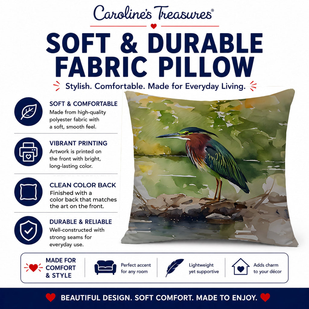 Green Heron by Water Edge Decorative Throw Pillow 18x18 Indoor Outdoor Accent Cushion, Fabric Cover with Insert for Sofa, Bed, Porch & Living Room