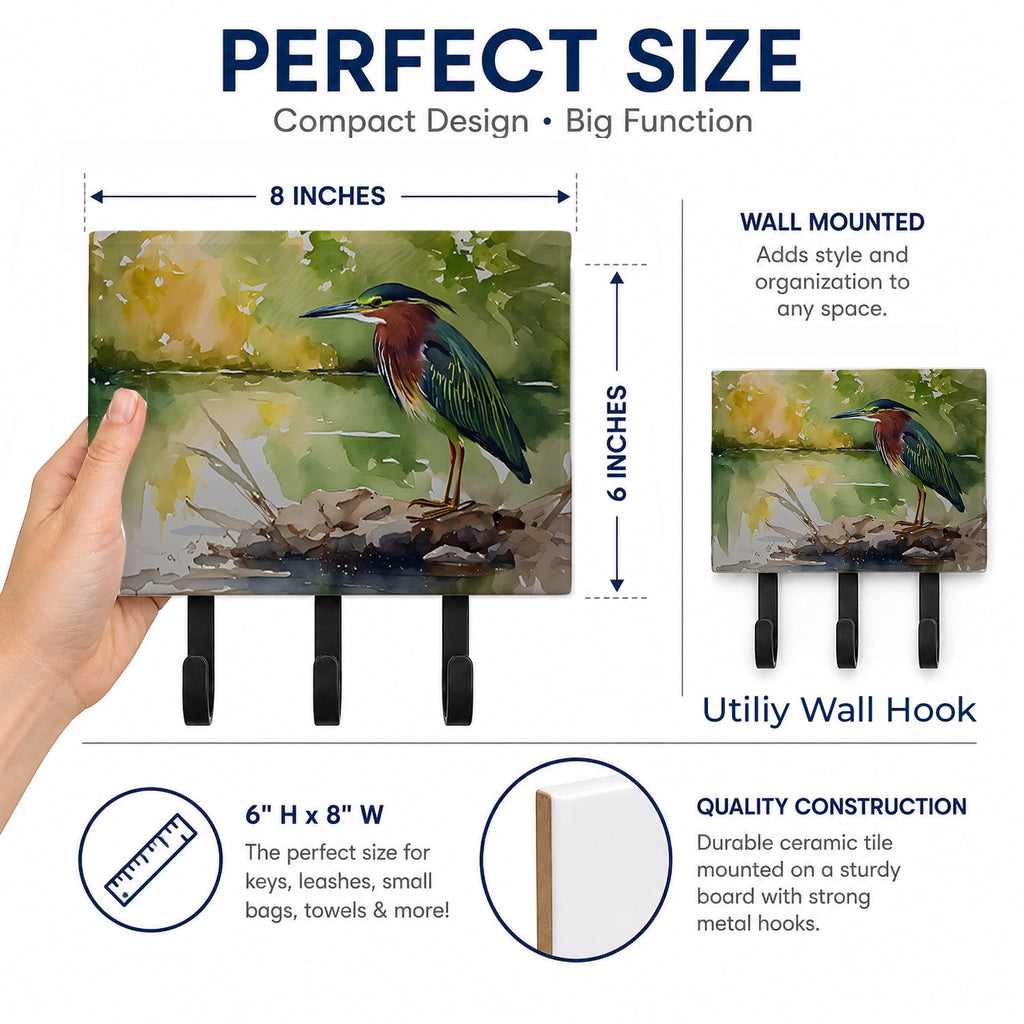 Green Heron by Water Edge Leash or Key Holder Wall Hooks, Coat Rack Wall Mount, for Hanging Keys, Towels, Aprons, Leashes