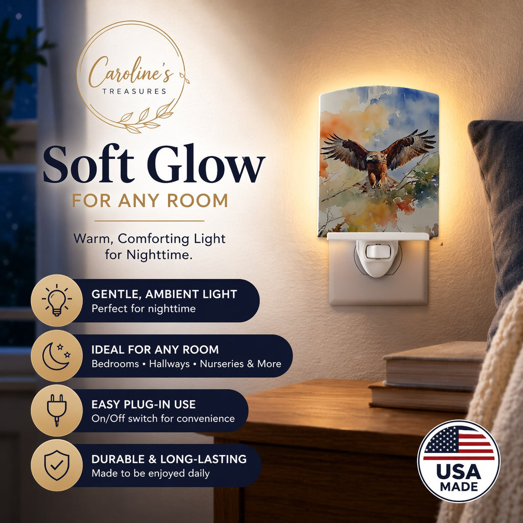 Red Tailed Hawk Landing Wings Spread Ceramic Night Light Compact, UL-Certified, Ideal for Bedroom, Bathroom, Nursery, Hallway, Kitchen, 6x4x3, Multicolor