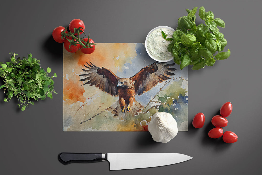 Red Tailed Hawk Landing Wings Spread Cutting Board Tempered Glass Kitchen Cutting Surface, Heat Resistant Chopping, Non-Slip Feet, Food Prep & Serving