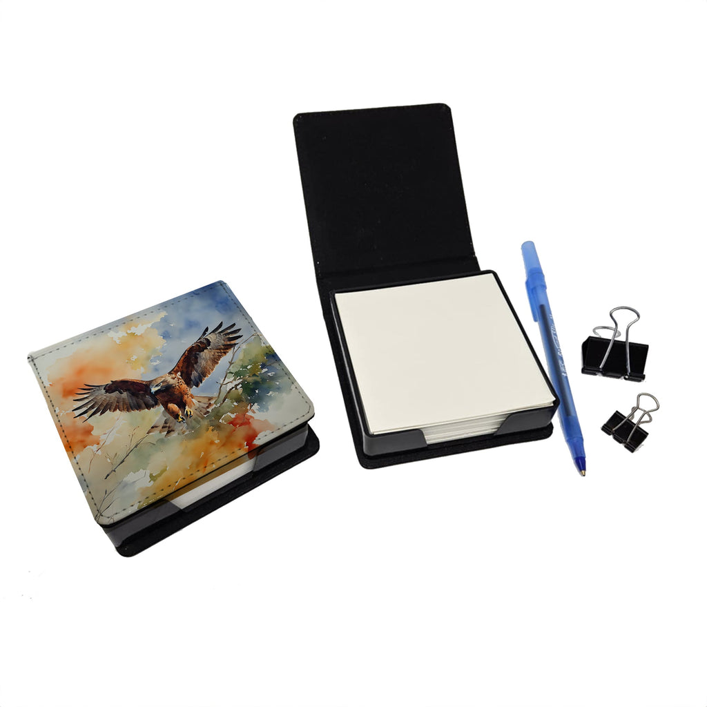 Red Tailed Hawk Landing Wings Spread PU Leather Note Paper Holder with Artist-Designed Cover, Desk Accessory, Office Gift