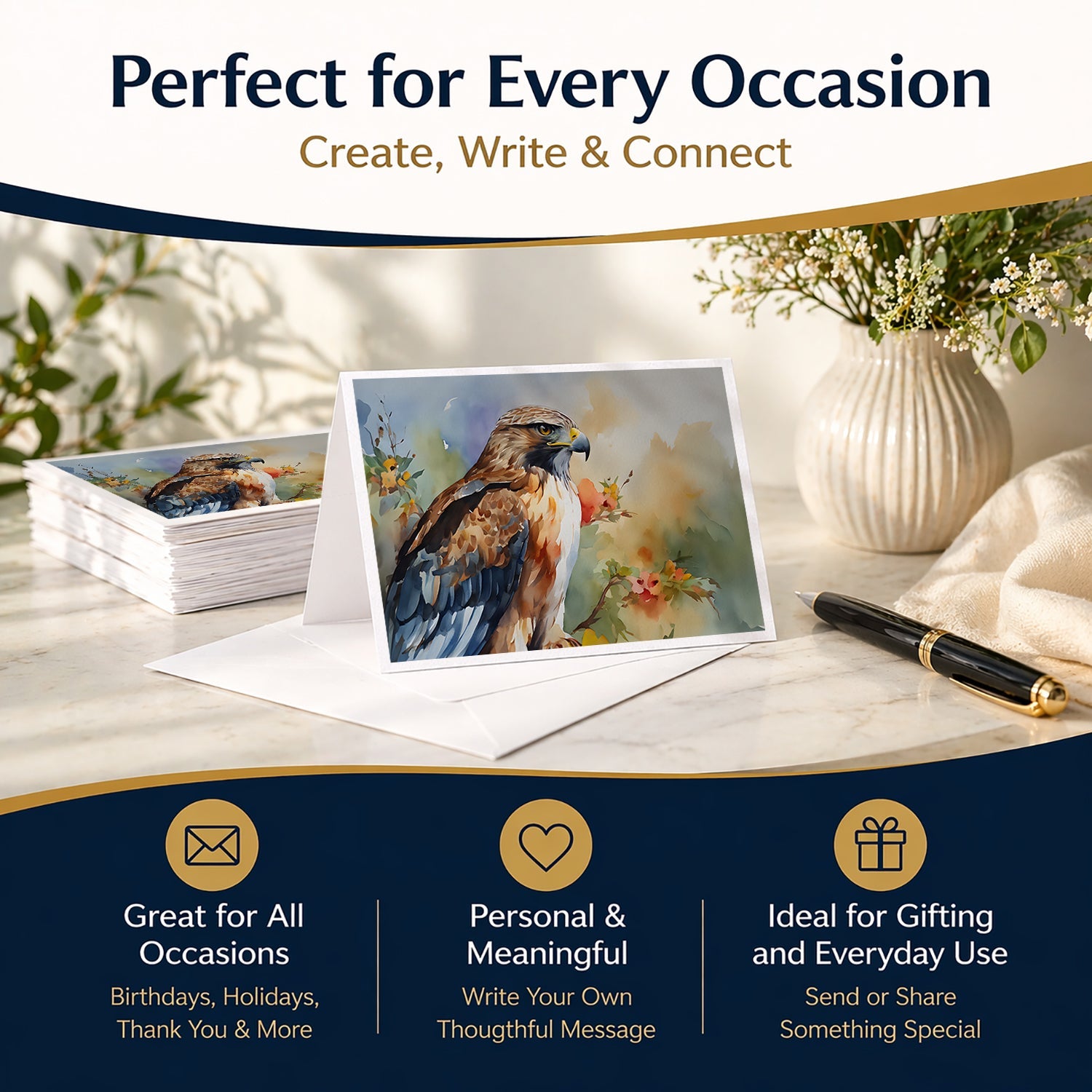 Red Tailed Hawk Portrait Wildlife Greeting Cards Pack of 8 Blank Cards with Envelopes Whimsical A7 Size 5x7
