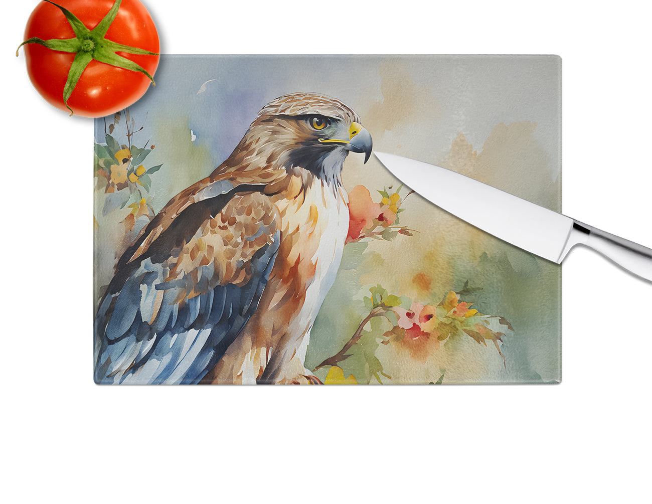 Red Tailed Hawk Portrait Wildlife Cutting Board Tempered Glass Kitchen Cutting Surface, Heat Resistant Chopping, Non-Slip Feet, Food Prep & Serving