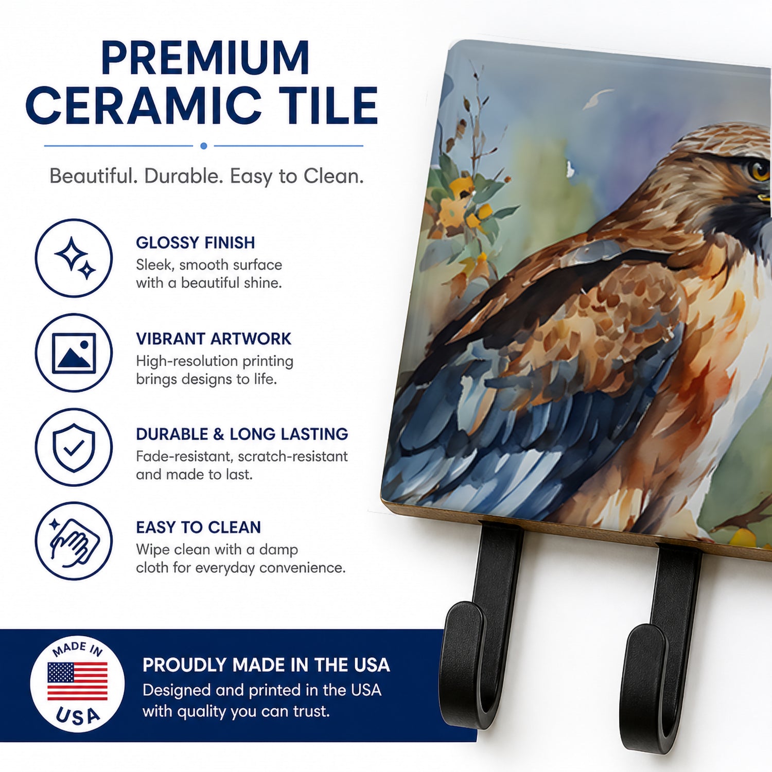Red Tailed Hawk Portrait Wildlife Leash or Key Holder Wall Hooks, Coat Rack Wall Mount, for Hanging Keys, Towels, Aprons, Leashes