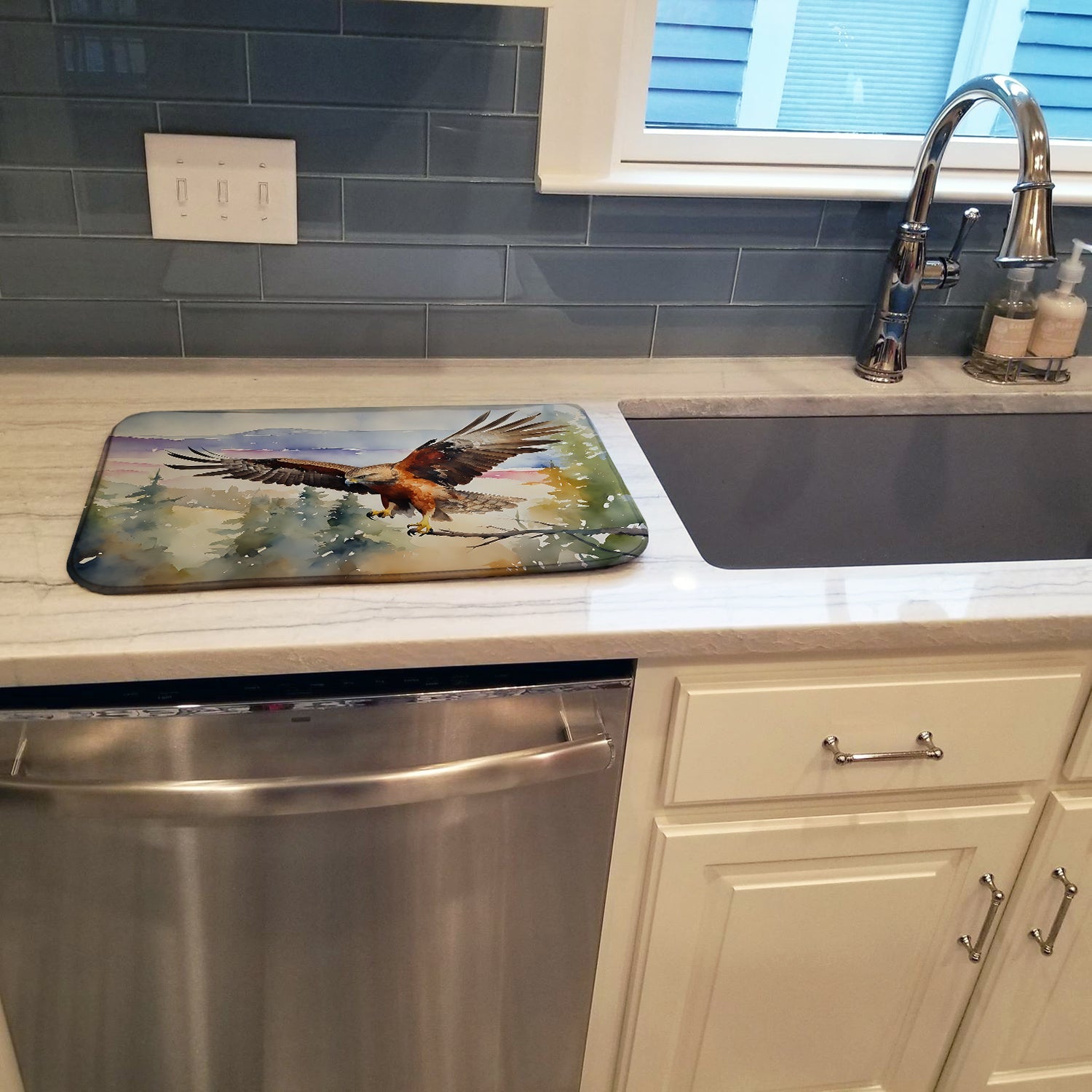 Red Tailed Hawk Flying Landscape Dish Drying Mat Absorbent Dish Drying Mat Pad for Kitchen Counter Dish Drainer Mat for Countertop, 14 x 21", Multicolor