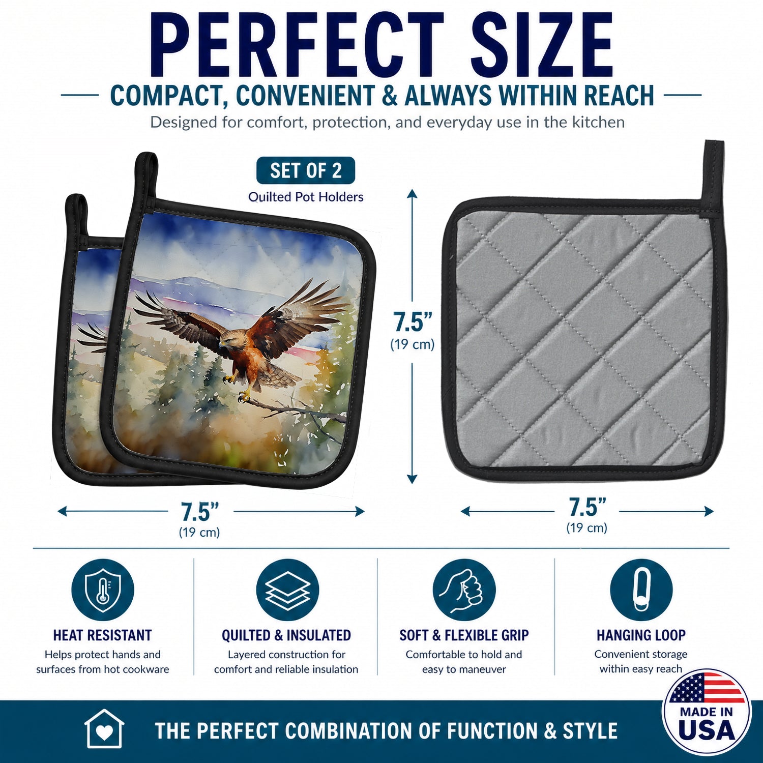 Red Tailed Hawk Flying Landscape Pot Holder Set of 2 Heat Resistant Quilted Hot Pads 7.5 x 7.5 Inch, Insulated Kitchen Trivets for Cooking & Baking