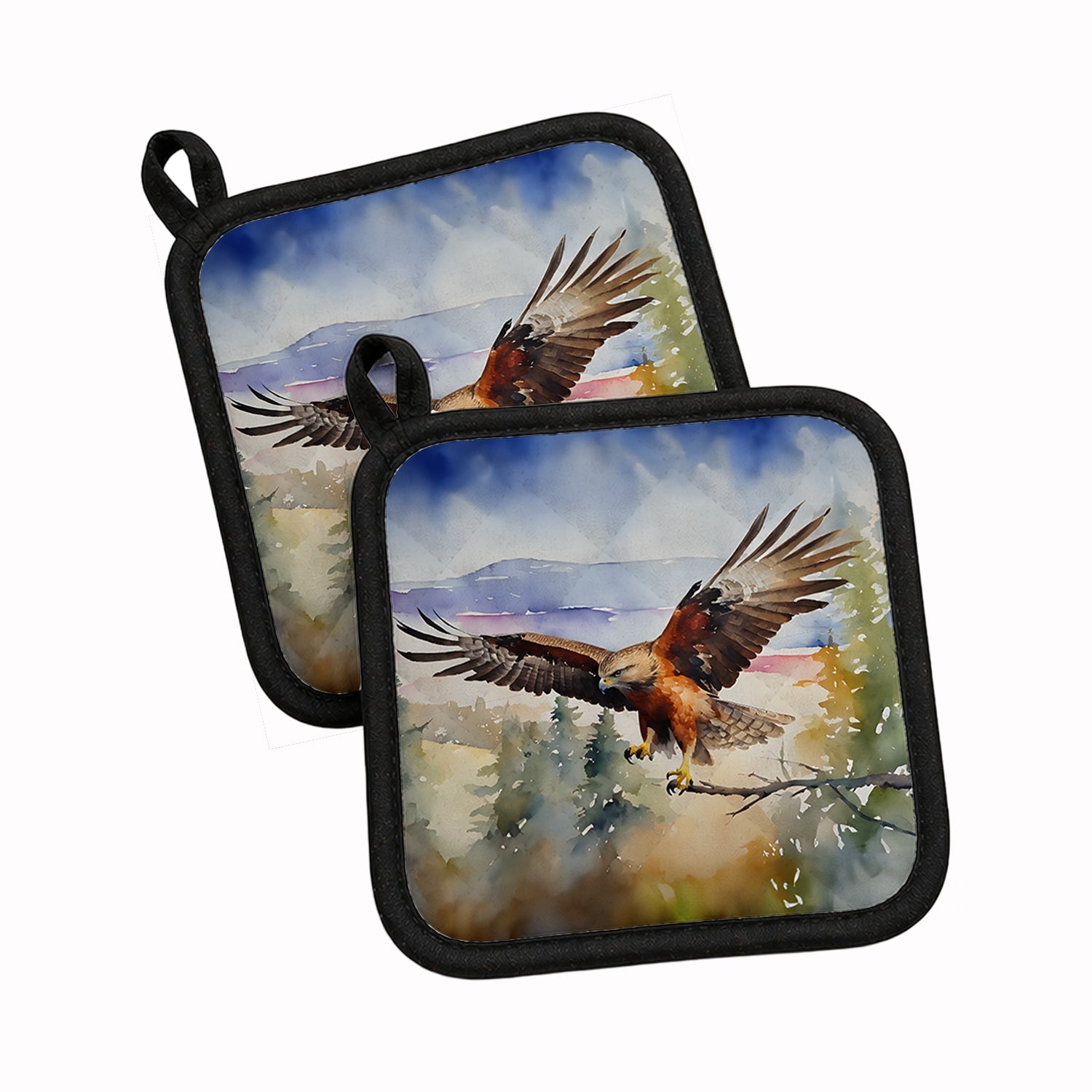 Red Tailed Hawk Flying Landscape Pot Holder Set of 2 Heat Resistant Quilted Hot Pads 7.5 x 7.5 Inch, Insulated Kitchen Trivets for Cooking & Baking