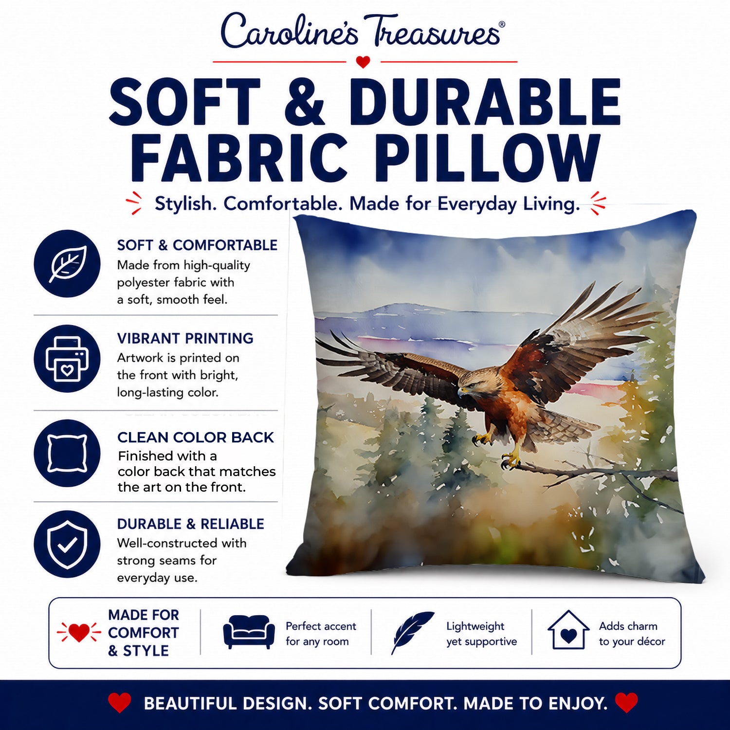 Red Tailed Hawk Flying Landscape Decorative Throw Pillow 14x14 Indoor Outdoor Accent Cushion, Fabric Cover with Insert for Sofa, Bed, Porch & Living Room