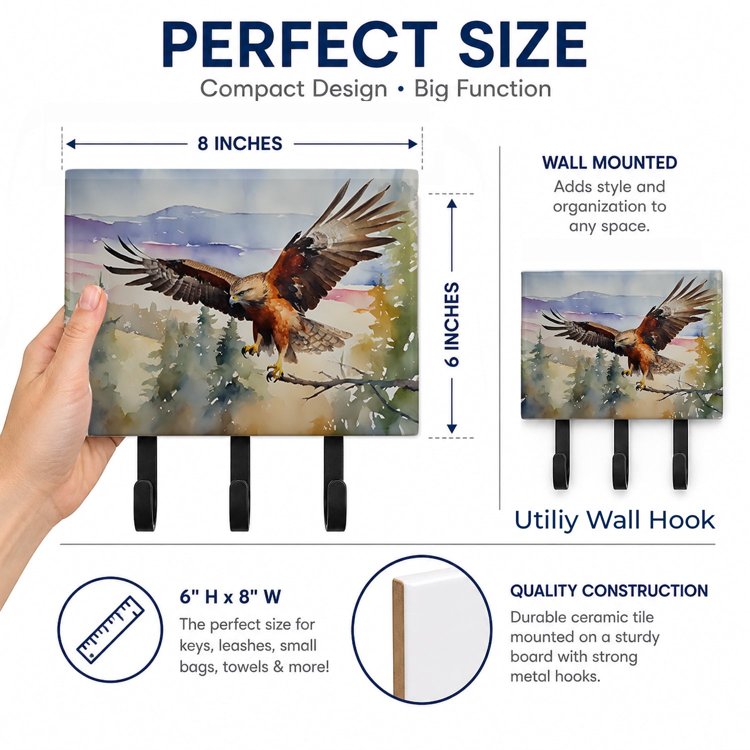 Red Tailed Hawk Flying Landscape Leash or Key Holder Wall Hooks, Coat Rack Wall Mount, for Hanging Keys, Towels, Aprons, Leashes