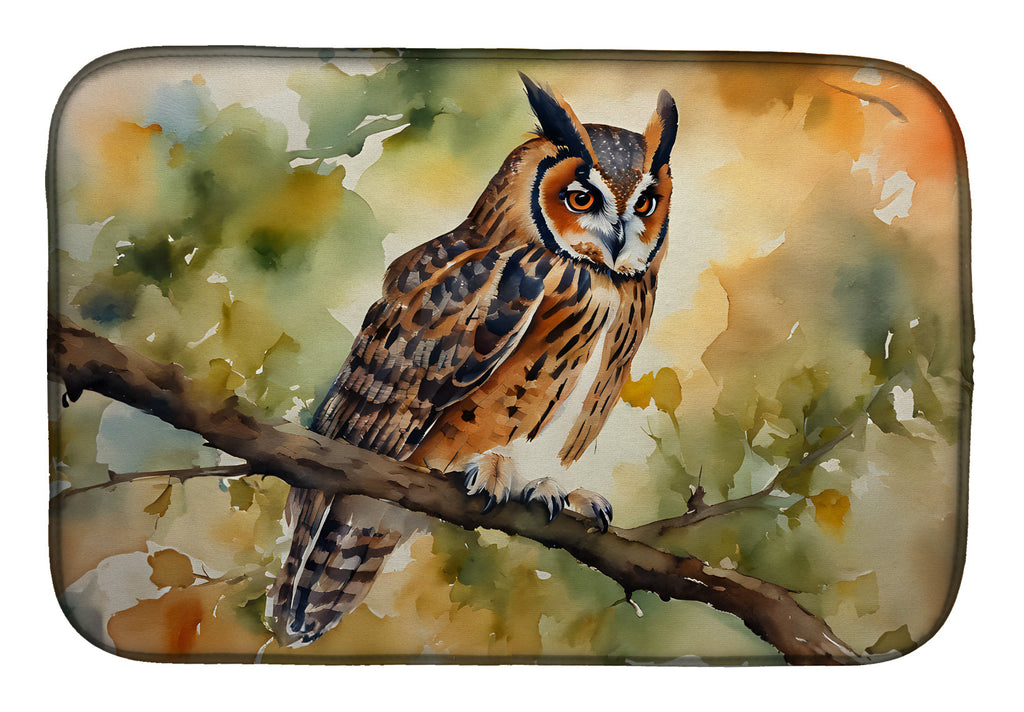 Long-Eared Owll Perched Branch Dish Drying Mat Absorbent Dish Drying Mat Pad for Kitchen Counter Dish Drainer Mat for Countertop, 14 x 21", Multicolor