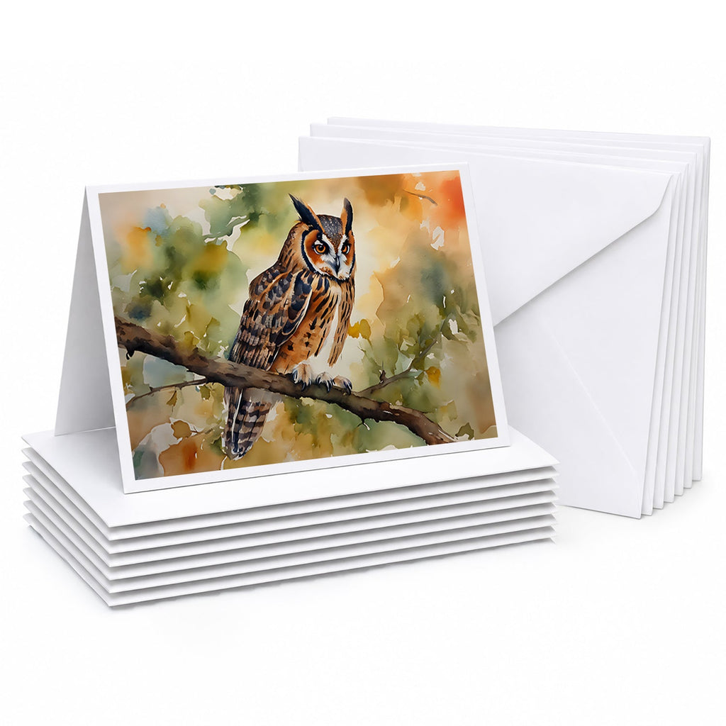 Long-Eared Owll Perched Branch Greeting Cards Pack of 8 Blank Cards with Envelopes Whimsical A7 Size 5x7
