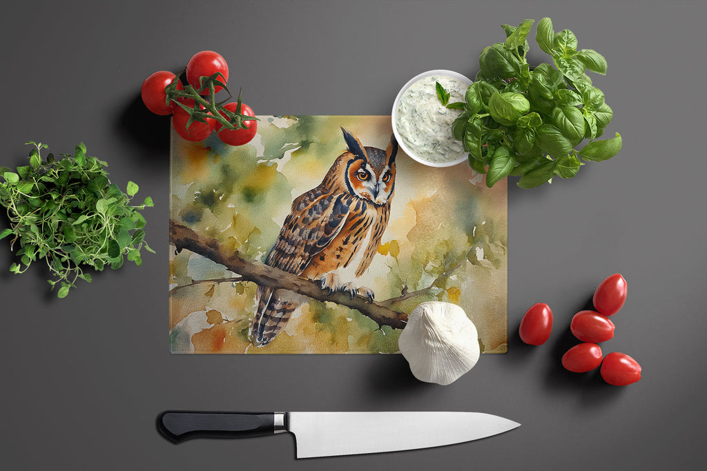 Long-Eared Owll Perched Branch Cutting Board Tempered Glass Kitchen Cutting Surface, Heat Resistant Chopping, Non-Slip Feet, Food Prep & Serving