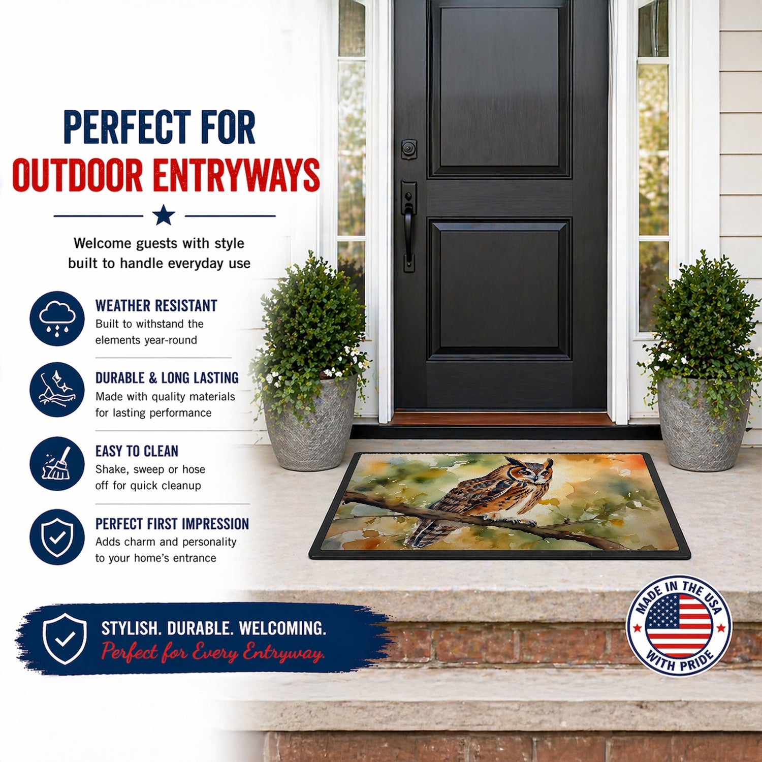 Long-Eared Owll Perched Branch Doormat Indoor Outdoor 18H X 27W Front Door Mat Rugs for Entryway, Non Slip Washable