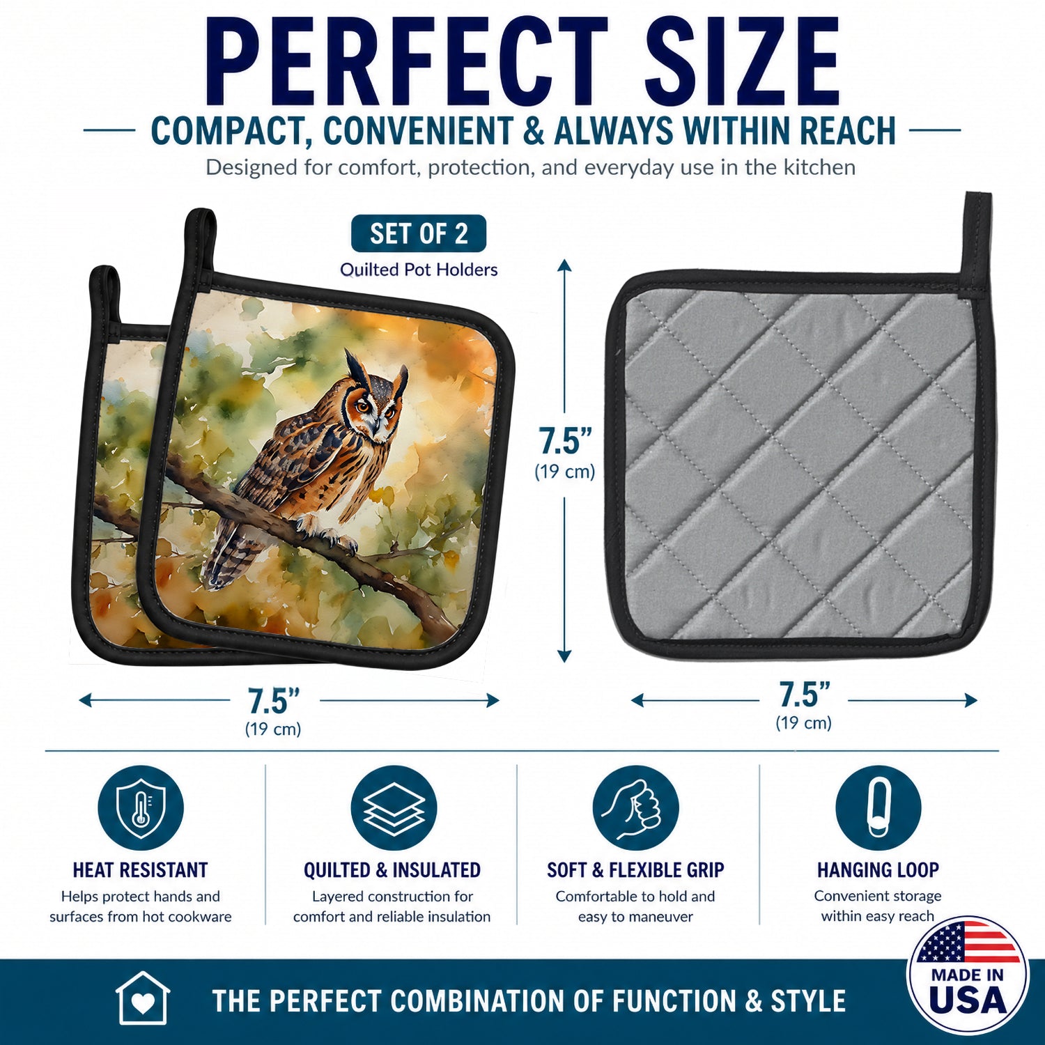 Long-Eared Owll Perched Branch Pot Holder Set of 2 Heat Resistant Quilted Hot Pads 7.5 x 7.5 Inch, Insulated Kitchen Trivets for Cooking & Baking