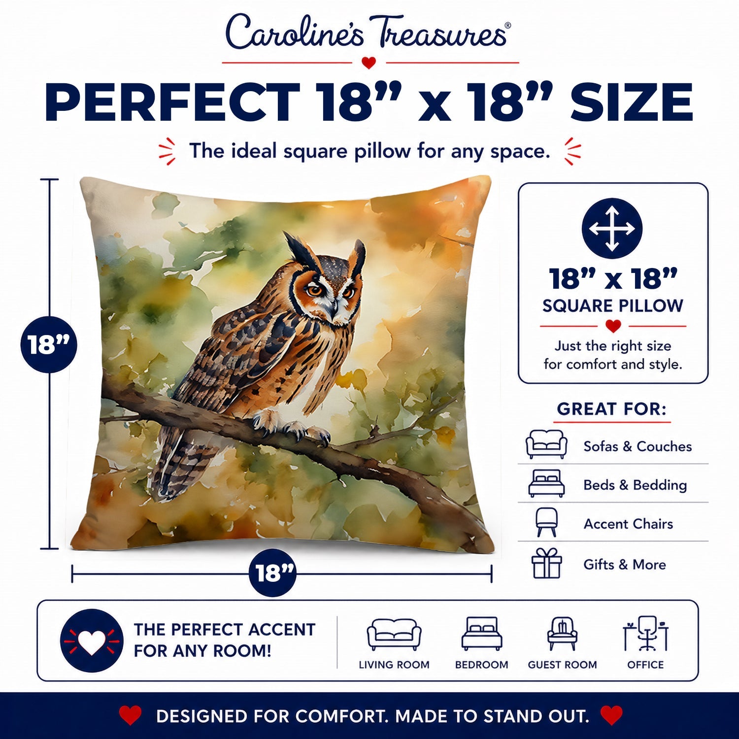 Long-Eared Owll Perched Branch Decorative Throw Pillow 18x18 Indoor Outdoor Accent Cushion, Fabric Cover with Insert for Sofa, Bed, Porch & Living Room
