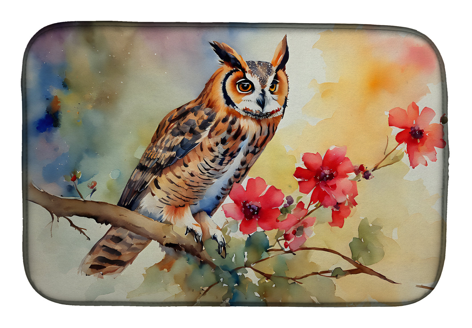 Long-Eared Owl with Blossoms Dish Drying Mat Absorbent Dish Drying Mat Pad for Kitchen Counter Dish Drainer Mat for Countertop, 14 x 21", Multicolor