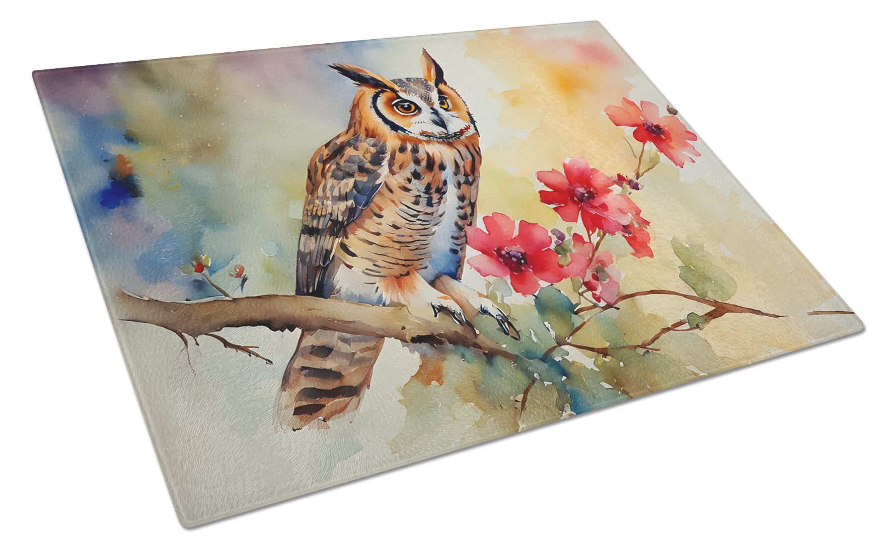 Long-Eared Owl with Blossoms Cutting Board Tempered Glass Kitchen Cutting Surface, Heat Resistant Chopping, Non-Slip Feet, Food Prep & Serving