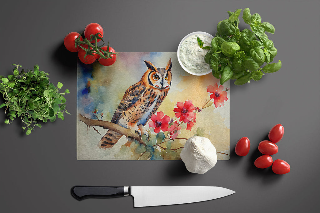 Long-Eared Owl with Blossoms Cutting Board Tempered Glass Kitchen Cutting Surface, Heat Resistant Chopping, Non-Slip Feet, Food Prep & Serving