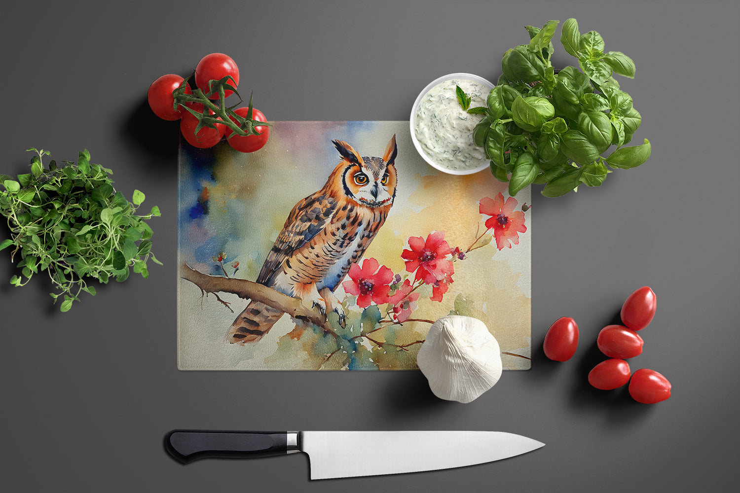 Long-Eared Owl with Blossoms Cutting Board Tempered Glass Kitchen Cutting Surface, Heat Resistant Chopping, Non-Slip Feet, Food Prep & Serving