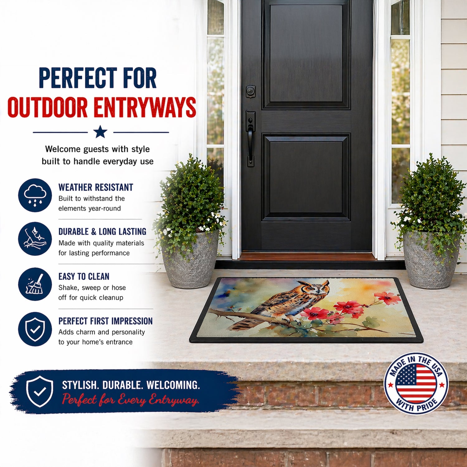 Long-Eared Owl with Blossoms Doormat Indoor Outdoor 18H X 27W Front Door Mat Rugs for Entryway, Non Slip Washable