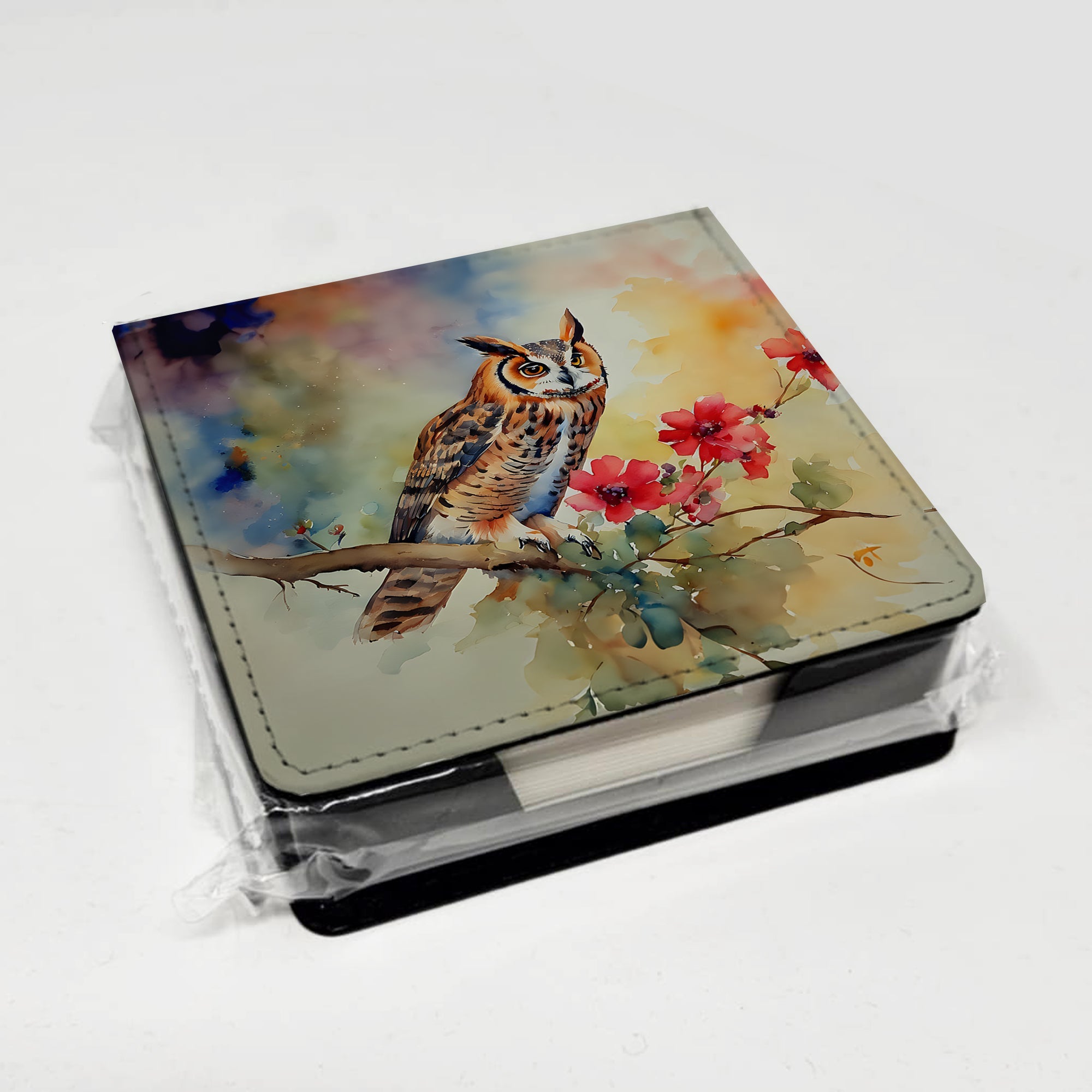 Long-Eared Owl with Blossoms PU Leather Note Paper Holder with Artist-Designed Cover, Desk Accessory, Office Gift