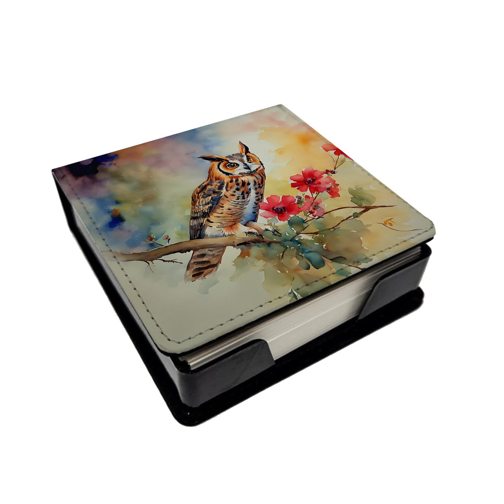 Long-Eared Owl with Blossoms PU Leather Note Paper Holder with Artist-Designed Cover, Desk Accessory, Office Gift