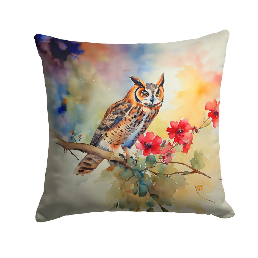 Long-Eared Owl with Blossoms Decorative Throw Pillow 18x18 Indoor Outdoor Accent Cushion, Fabric Cover with Insert for Sofa, Bed, Porch & Living Room
