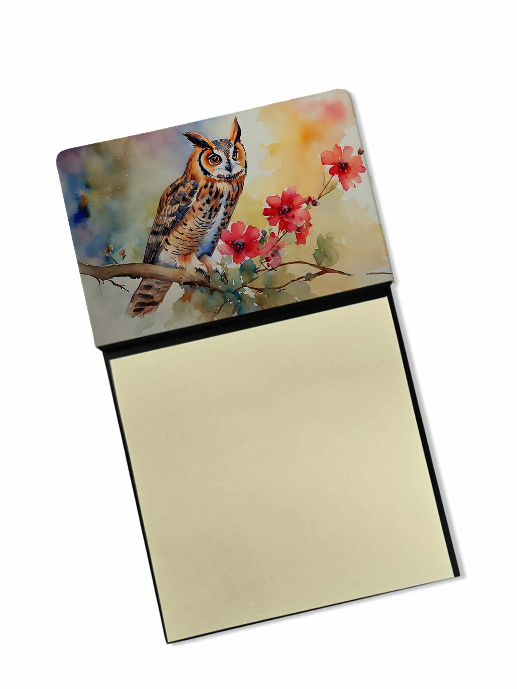 Long-Eared Owl with Blossoms Watercolor Sticky Note Holder Refillable Dispenser Desk Accessory 3x3 Pad Gift