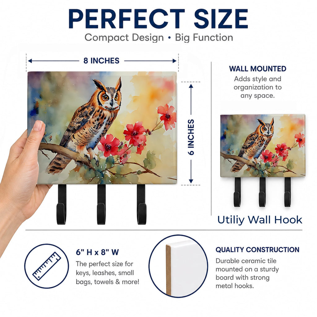 Long-Eared Owl with Blossoms Leash or Key Holder Wall Hooks, Coat Rack Wall Mount, for Hanging Keys, Towels, Aprons, Leashes