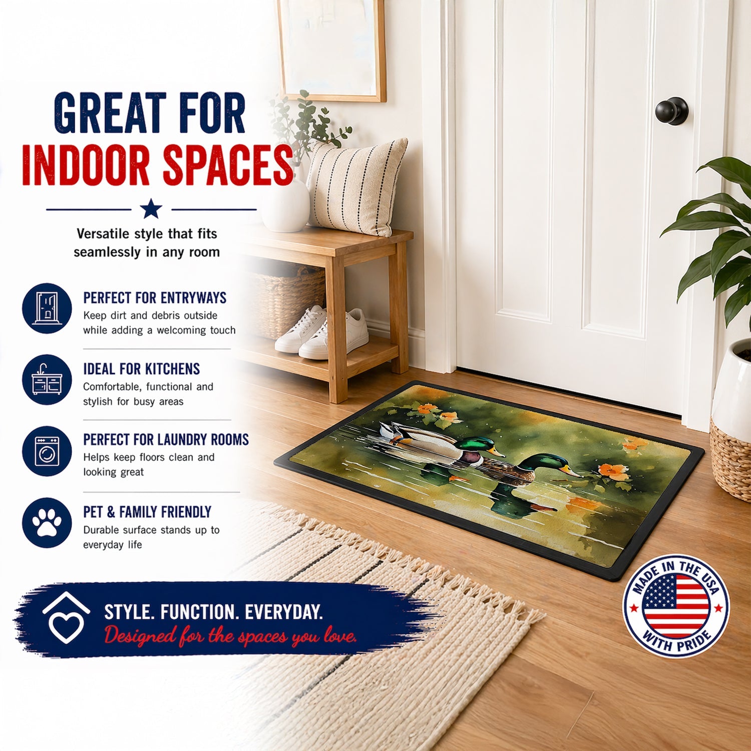 Mallard Ducks Swimming Pond Doormat Indoor Outdoor 24H X 36W Front Door Mat Rugs for Entryway, Non Slip Washable Low Pile,