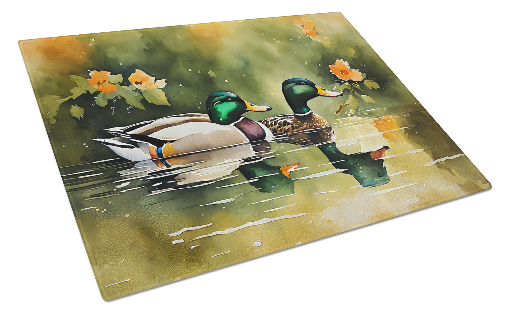 Mallard Ducks Swimming Pond Cutting Board Tempered Glass Kitchen Cutting Surface, Heat Resistant Chopping, Non-Slip Feet, Food Prep & Serving