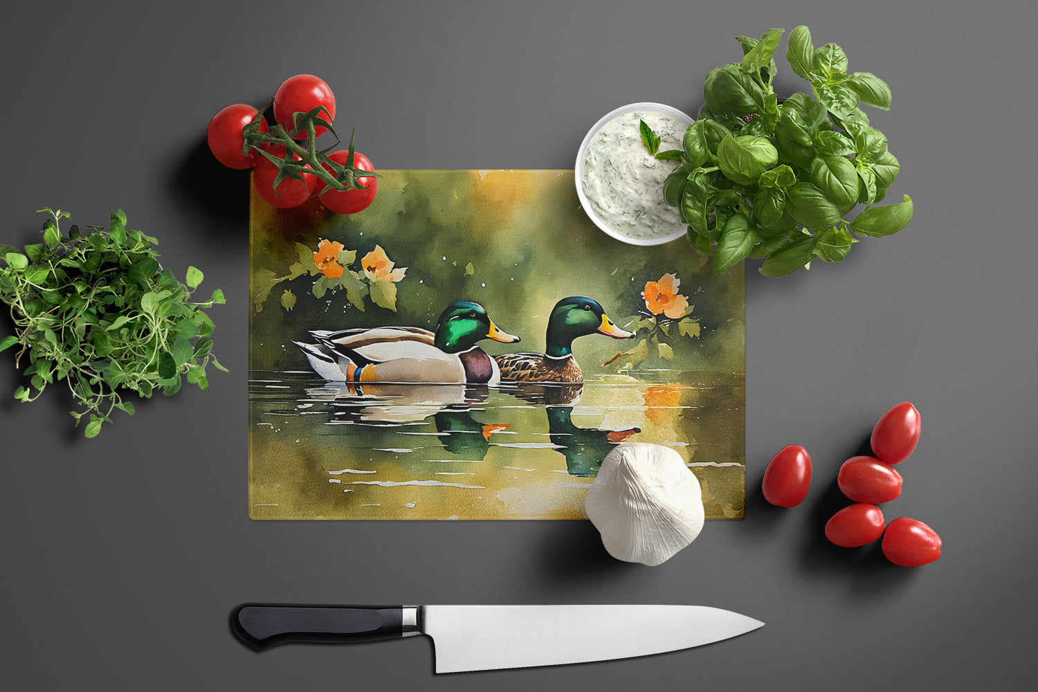 Mallard Ducks Swimming Pond Cutting Board Tempered Glass Kitchen Cutting Surface, Heat Resistant Chopping, Non-Slip Feet, Food Prep & Serving