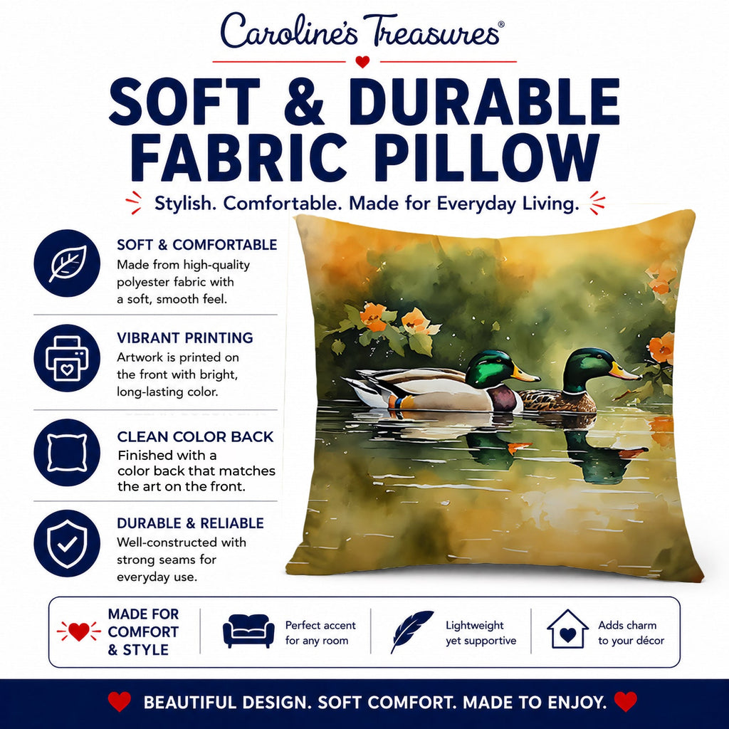 Mallard Ducks Swimming Pond Decorative Throw Pillow 14x14 Indoor Outdoor Accent Cushion, Fabric Cover with Insert for Sofa, Bed, Porch & Living Room