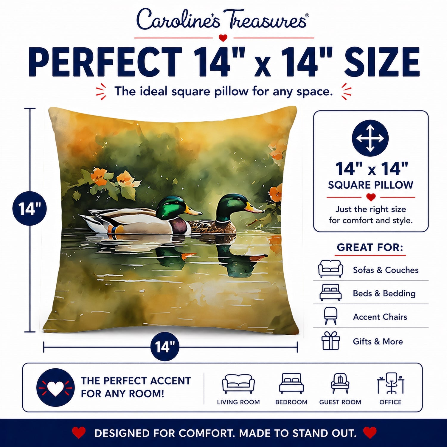 Mallard Ducks Swimming Pond Decorative Throw Pillow 14x14 Indoor Outdoor Accent Cushion, Fabric Cover with Insert for Sofa, Bed, Porch & Living Room