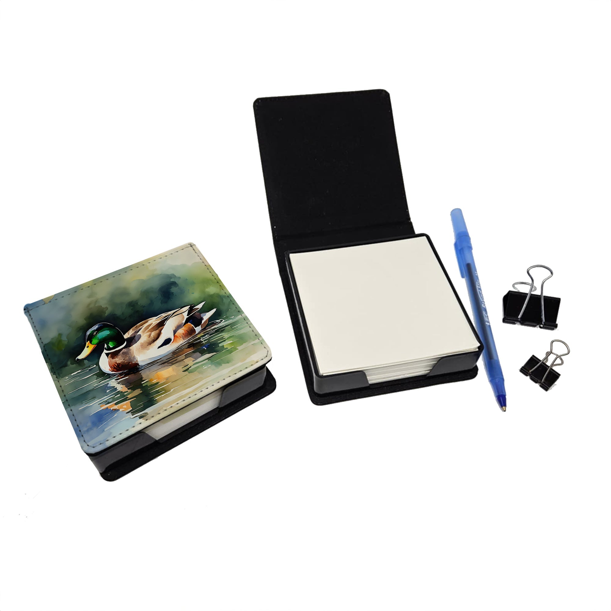 Mallard Duck Swimming Calm Water PU Leather Note Paper Holder with Artist-Designed Cover, Desk Accessory, Office Gift