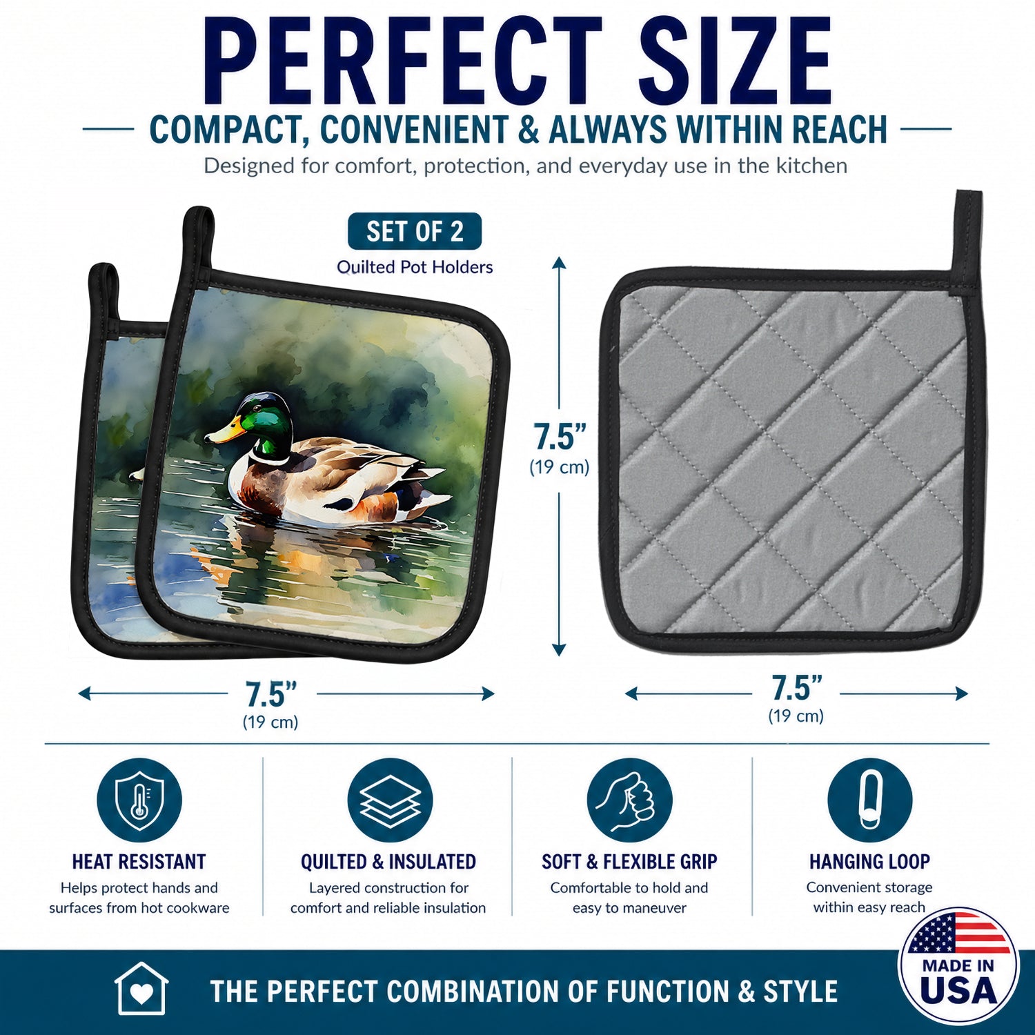 Mallard Duck Swimming Calm Water Pot Holder Set of 2 Heat Resistant Quilted Hot Pads 7.5 x 7.5 Inch, Insulated Kitchen Trivets for Cooking & Baking