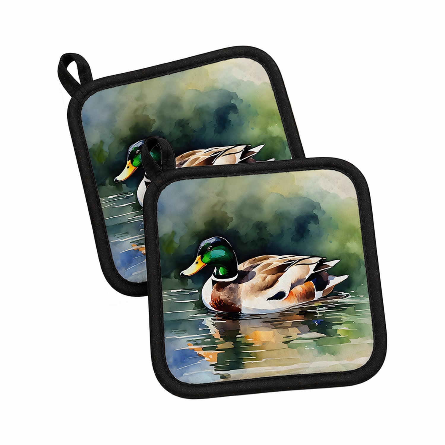 Mallard Duck Swimming Calm Water Pot Holder Set of 2 Heat Resistant Quilted Hot Pads 7.5 x 7.5 Inch, Insulated Kitchen Trivets for Cooking & Baking