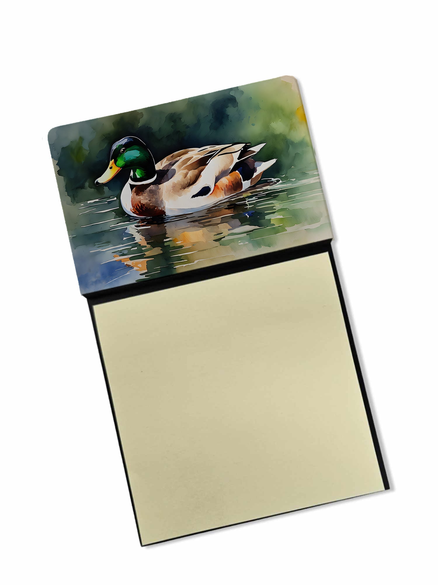 Mallard Duck Swimming Calm Water Watercolor Sticky Note Holder Refillable Dispenser Desk Accessory 3x3 Pad Gift