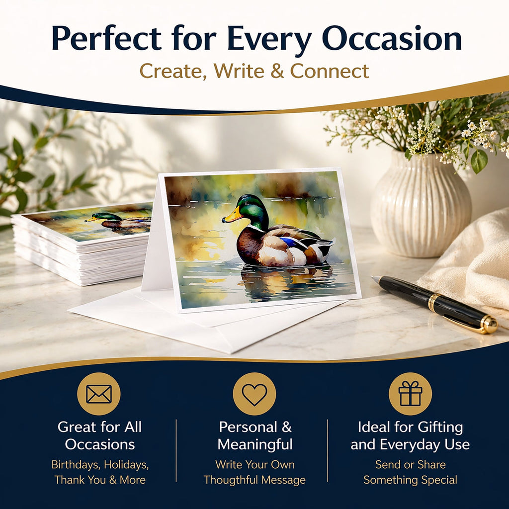 Mallard Duck Floating Pond Reflection Greeting Cards Pack of 8 Blank Cards with Envelopes Whimsical A7 Size 5x7